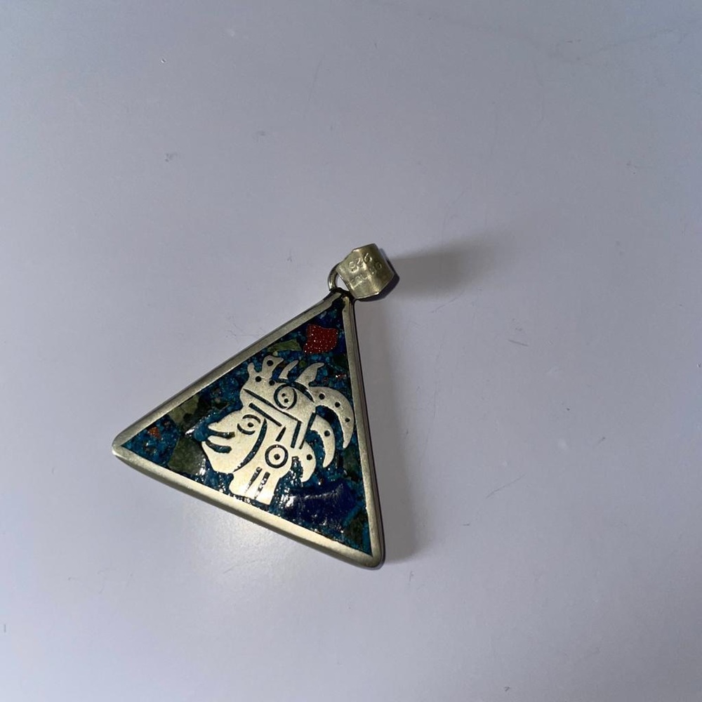 Aztec Sterling Silver Triangle Pendant with abalones inlays.